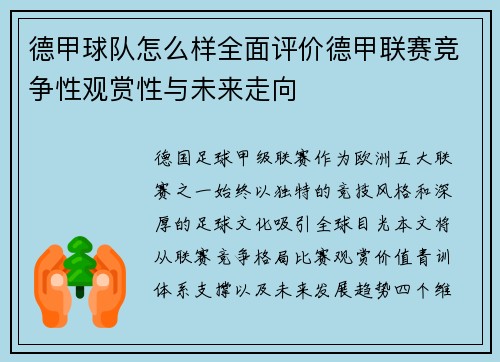 德甲球队怎么样全面评价德甲联赛竞争性观赏性与未来走向