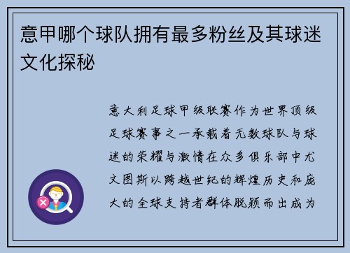 意甲哪个球队拥有最多粉丝及其球迷文化探秘